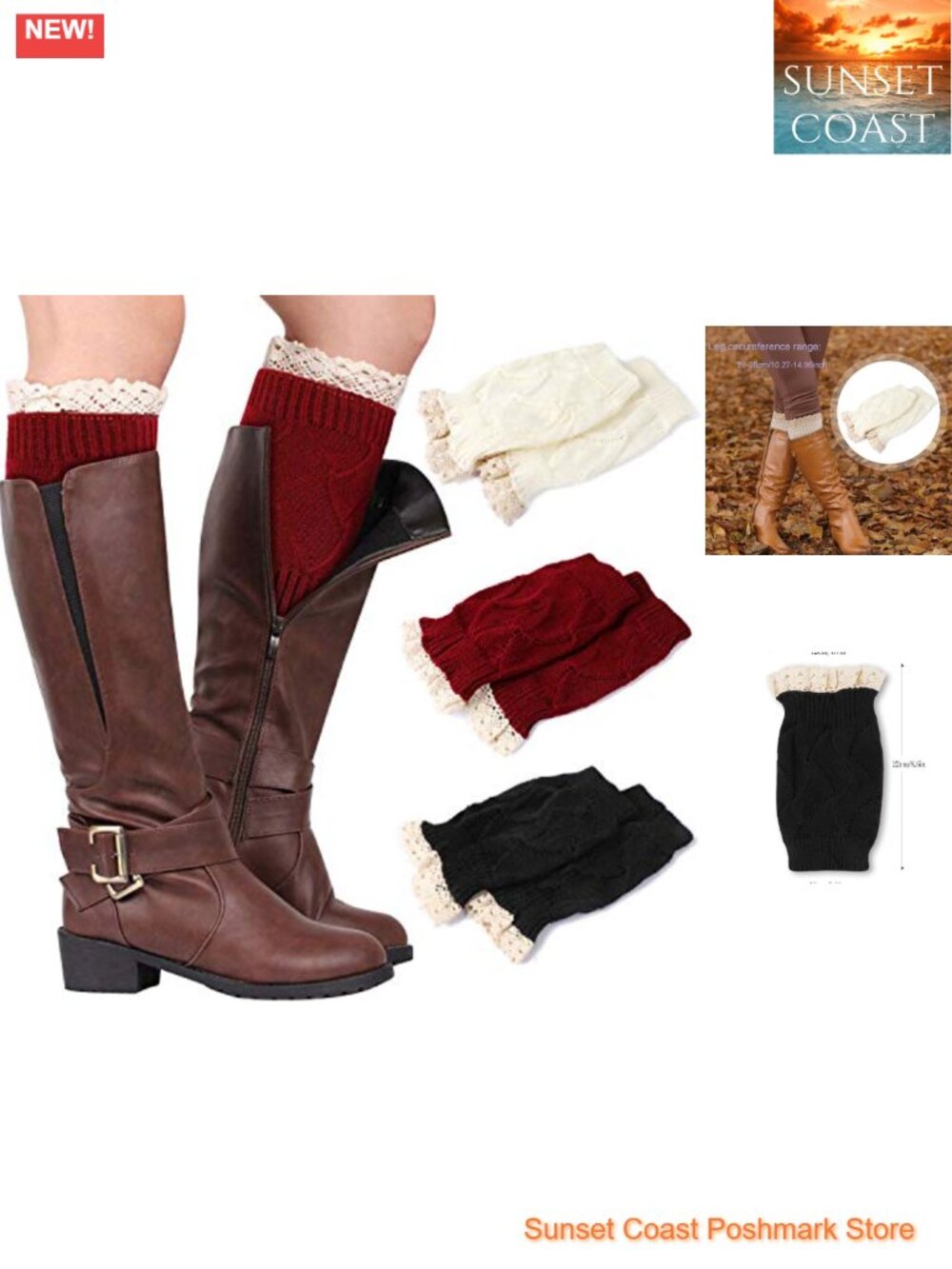 3 Pairs Winter Warm Boot Cuffs Short Crochet Knitted Leg Warmers with Lace Trim